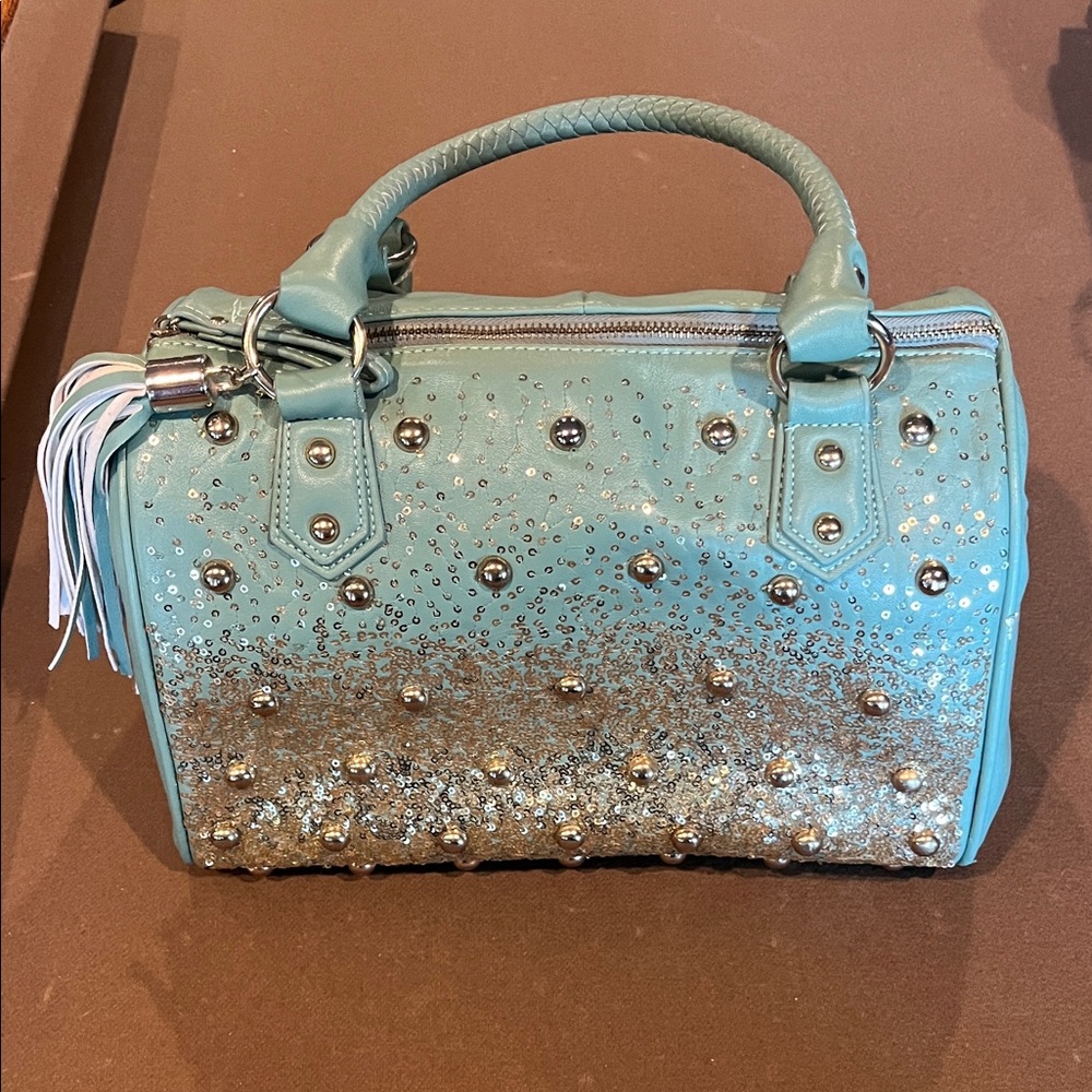 Glamorous Studded Satchel in Blue/Green and Gold